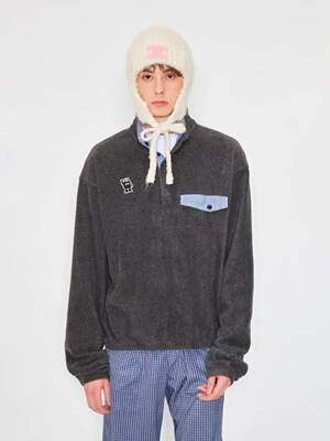 MYSAMESAME25AW细密亲肤摇粒绒拼接格纹领袋开胸立领套头情侣卫衣