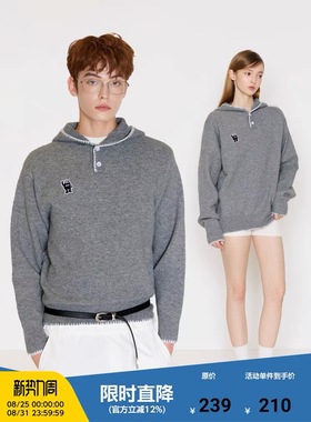 MYSAMESAME25AW手缝针刺绣亨利领灰色连帽毛衣宽松舒适长袖针织衫