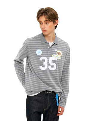 MYSAMESAME26SS新款小狗刺绣条纹长袖POLO衫字母宽松休闲上衣男女