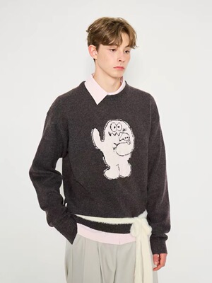MYSAMESAME25AW秋冬吉祥物小狗提花毛衣圆领宽松保暖针织衫情侣