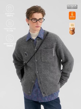 MYSAMESAME25SS保暖羊毛布包纽无领毛衣手勾线口袋宽松针织开衫