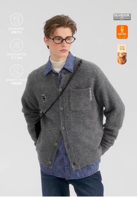 MYSAMESAME25SS保暖羊毛布包纽无领毛衣手勾线口袋宽松针织开衫