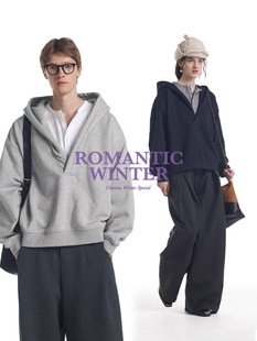 【加绒假两件】Unvesno(UN)静奢高智撞色亨利宽松休闲v领连帽卫衣