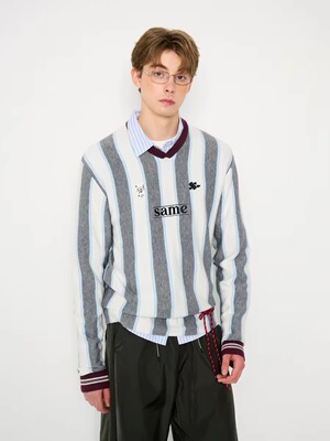 MYSAMESAME25AW撞色竖条纹Polo领毛衣刺绣宽松简约秋冬针织衫上衣