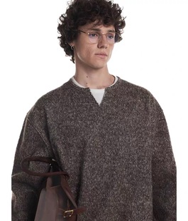 Unvesno(UN)双色彩纱麻花羊毛混纺针织假两件小V领长袖卫衣