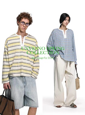 Unvesno(UN)都市轻休闲条纹针织棉抽绳绑带亨利领上衣