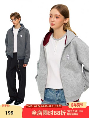 MYSAMESAME26SS复古小狗刺绣撞色连帽卫衣外套休闲宽松开衫情侣