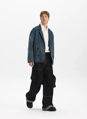 【重工洗水】Unvesno(UN)25春夏Denim主义复古猫须牛仔西装外套