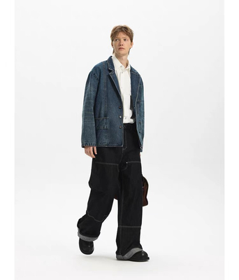 【重工洗水】Unvesno(UN)25春夏Denim主义复古猫须牛仔西装外套