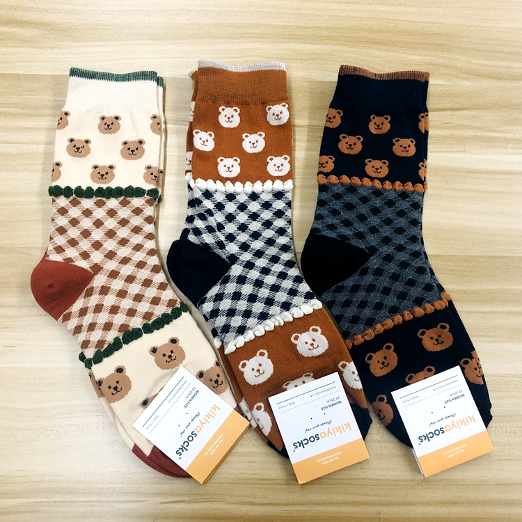 韩国小熊拼色图案女棉袜女款袜子