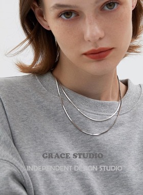 G/S经典款 极简高级感方形蛇骨链女冷淡风时髦叠戴项链银色锁骨链