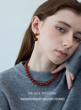 G/S 丹麦LIE小众设计红玛瑙小球吊坠耳环灵动俏皮高级感耳饰项链