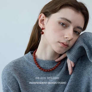 丹麦LIE小众设计红玛瑙小球吊坠耳环灵动俏皮高级感耳饰项链