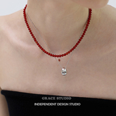 叠戴锁骨链女 复古氛围感红玛瑙串珠项链高级感新中式 S南法假日