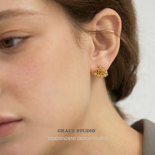 法式精致迷你小金珠流苏花簇耳环