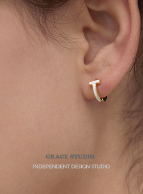 G/S 简约高级感T字设计白色滴釉小耳圈法式优雅耳环迷你十字耳扣