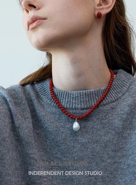 G/S小红豆 相思豆子迷你红色耳环珍珠项链女新年礼物本命年毛衣链