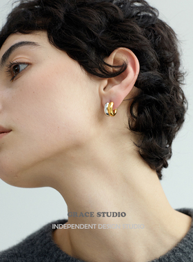 G/S巴塞罗那 高级简约金银撞色C型耳圈BV风休闲金属素圈耳饰耳钉