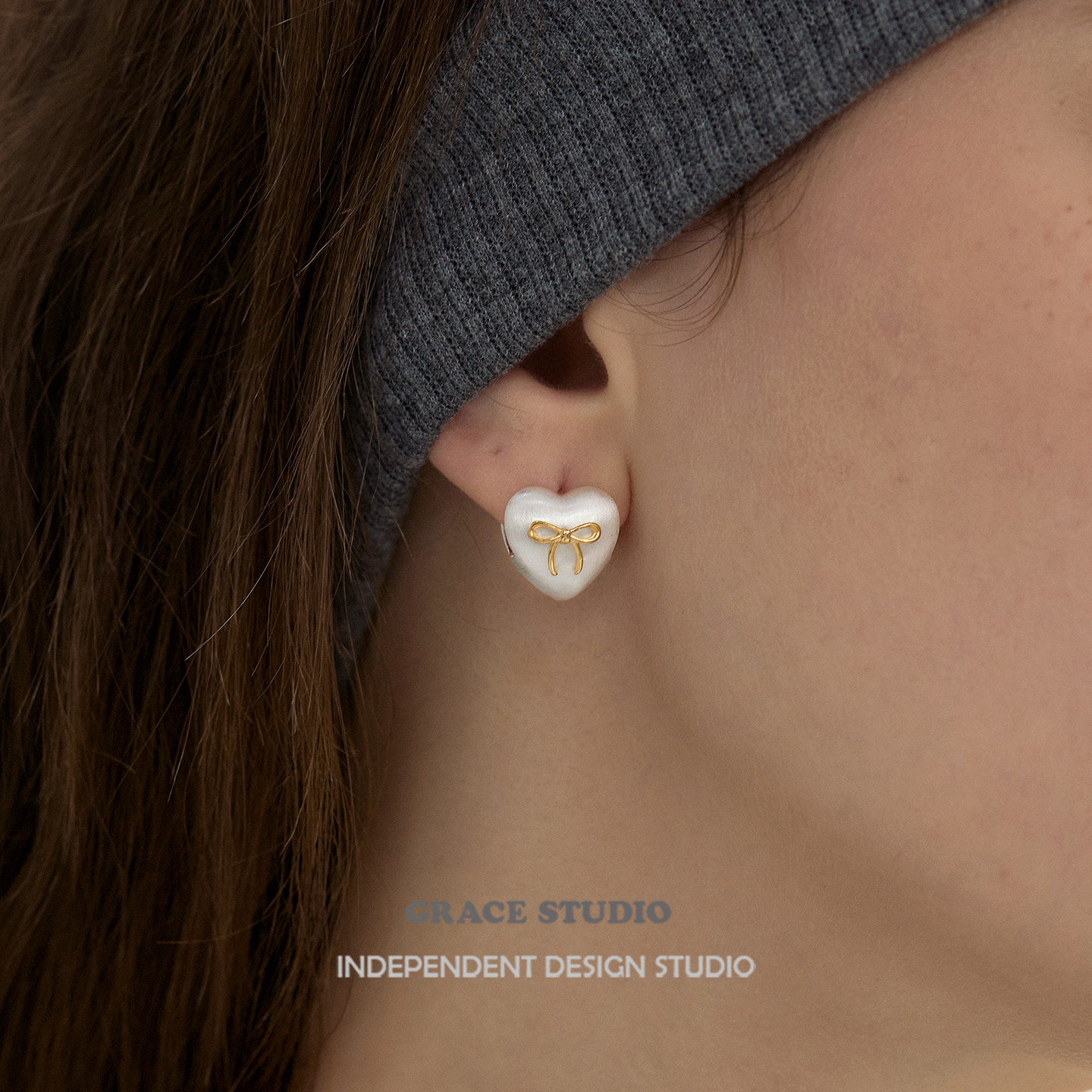 法式迷你双面爱心蝴蝶结银色耳扣