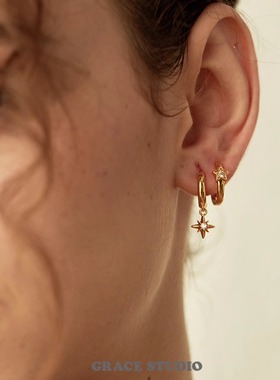 G/S极星 精致迷你不对称八芒星耳圈女法式金色简约叠戴耳环耳扣