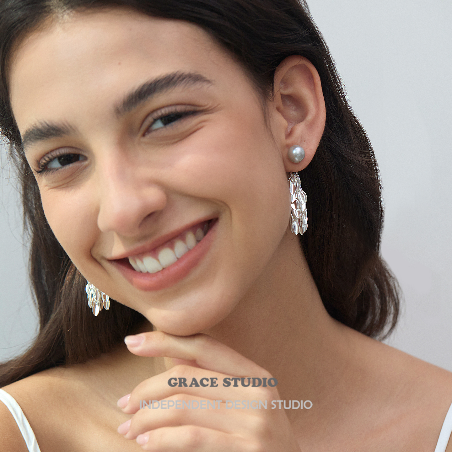 银色麦穗流苏耳环长款灰珍珠耳饰