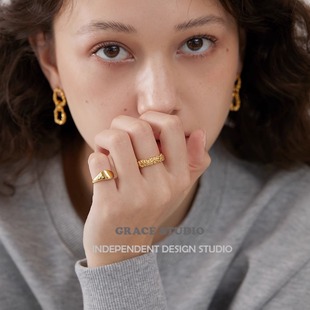 高级感时髦熔岩肌理金属戒指女小众复古法式 新款 指环手饰 S熔岩