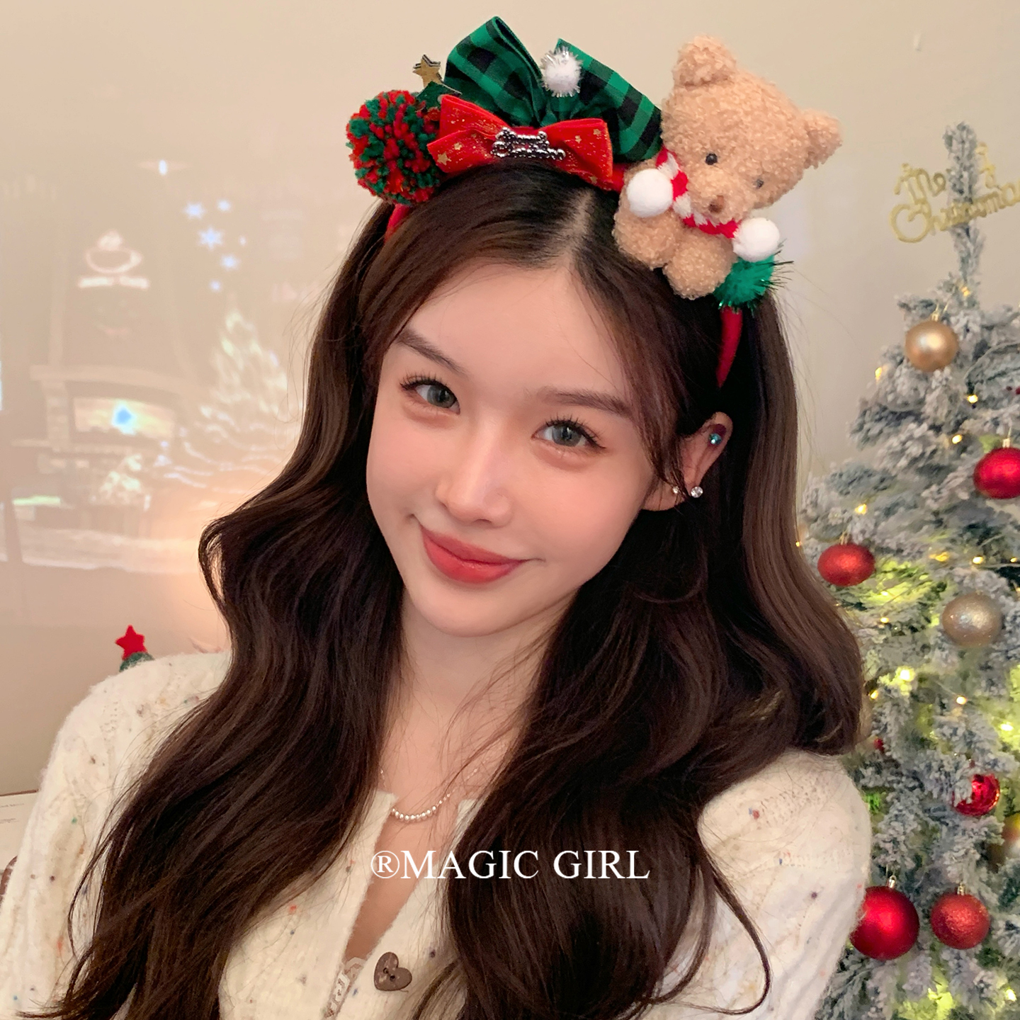 可爱毛绒小熊蝴蝶结发箍头饰圣诞节甜美公仔头箍发饰超萌拍照饰品