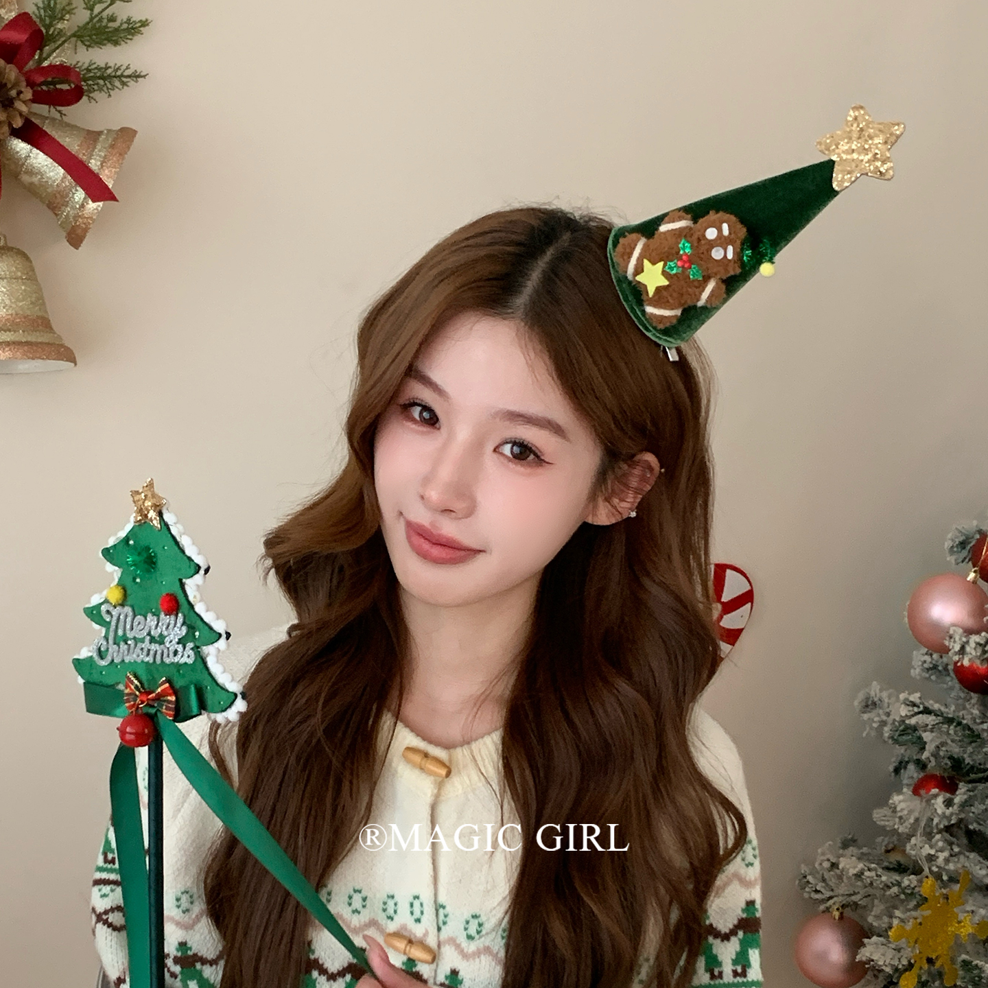 圣诞节氛围感姜饼人星星礼帽发夹可爱圣诞帽头饰甜美帽子发卡发饰