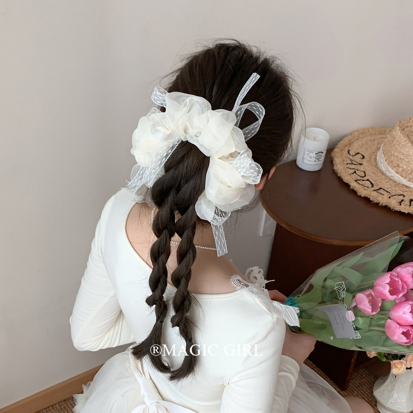 少女纯欲风网纱珍珠蕾丝蝴蝶结大肠发圈超仙发绳发饰甜美头绳头饰