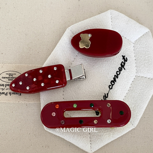 高级水钻醋酸红色发夹头饰少女质感小熊侧边夹发卡夹子新年发饰女