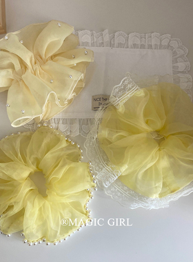 夏日黄色系精致大肠发圈女轻奢珍珠蕾丝头花发饰温柔发绳皮筋头绳