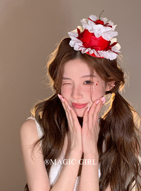 红色甜心蕾丝蝴蝶结樱桃小礼帽可爱生日帽发饰圣诞节帽子发夹头饰