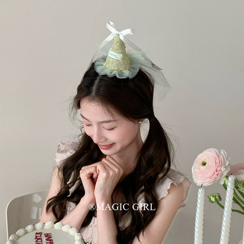 少女草绿色网纱蝴蝶结生日帽发夹氛围感生日头饰可爱帽子礼帽发饰