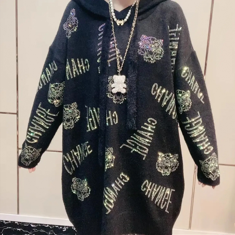 连帽欧货宽松水貂绒烫钻老虎毛衣