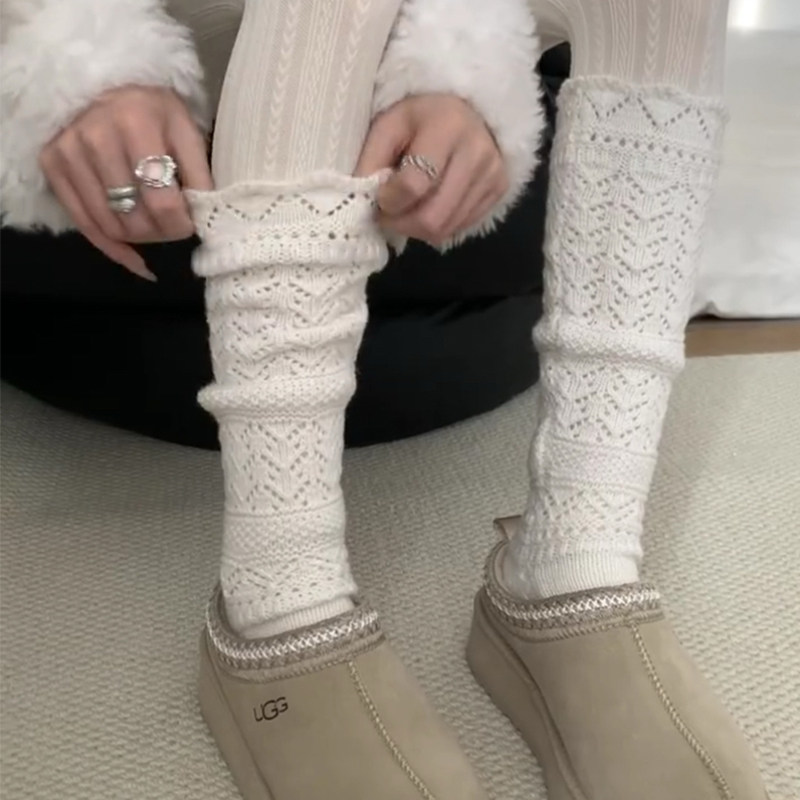 秋冬镂空针织堆堆袜套女保暖小腿袜子配雪地靴腿套日系白色中筒袜