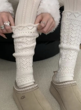 秋冬镂空针织堆堆袜套女保暖小腿袜子配雪地靴腿套日系白色中筒袜