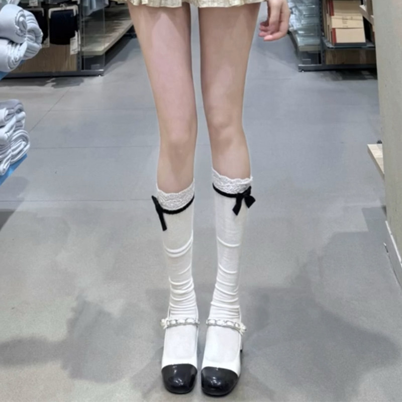 洛丽塔蕾丝花边中筒袜女春秋季可爱甜美lolita白色蝴蝶结小腿袜子