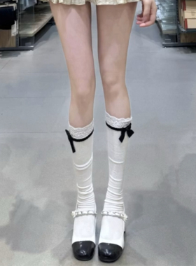 洛丽塔蕾丝花边中筒袜女春秋季可爱甜美lolita白色蝴蝶结小腿袜子