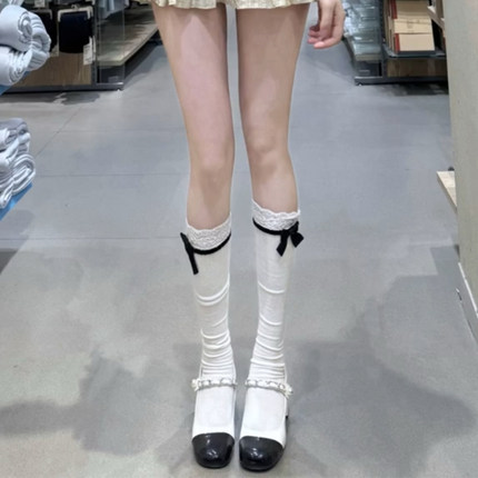 洛丽塔蕾丝花边中筒袜女春秋季可爱甜美lolita白色蝴蝶结小腿袜子