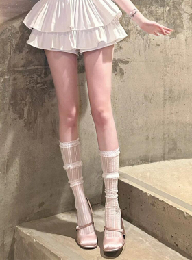 白色蕾丝花边袜子女中筒袜夏季薄款lolita蝴蝶结堆堆袜y2k小腿袜
