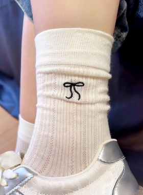 白色芭蕾风蝴蝶结袜子女夏季薄款中筒袜纯棉夏天堆堆网眼miu长袜