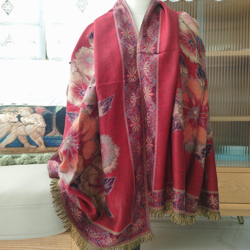 纯棉色织披肩国风复古长款流苏披风保暖围巾