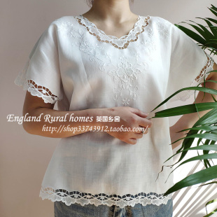 老上海手工 万缕丝花边 进口爱尔兰亚麻W771 刺绣工艺短袖女衬衫
