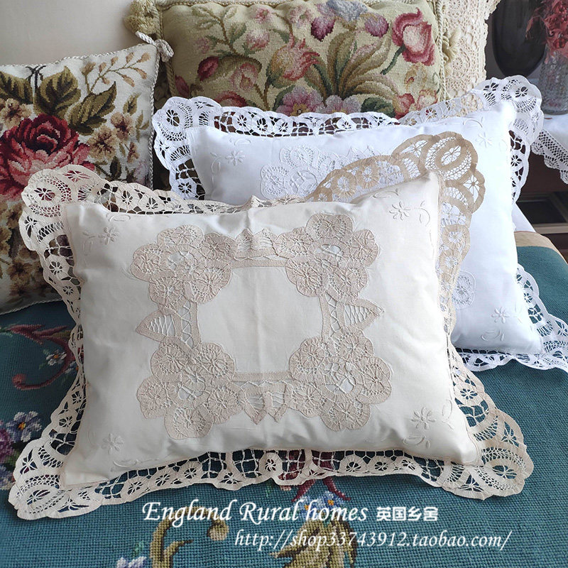 外贸超值纯棉手工刺绣百带丽花边出口法国文艺范抱枕腰枕套