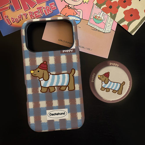 冬日小狗适用苹果17promax手机壳iphone16pro菲林磁吸支架个性华为P80小米15小众vivo防摔保护壳oppo浪漫格子