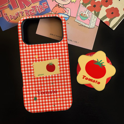 格纹西红柿适用苹果18promax手机壳iphone17pro菲林磁吸支架华为P90小米15亲肤手感vivo防摔保护壳oppo荣耀