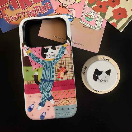 慵懒猫咪适用苹果17promax手机壳iphone16pro菲林磁吸支架个性华为P80小米15小众vivo防摔保护壳oppo高级配色