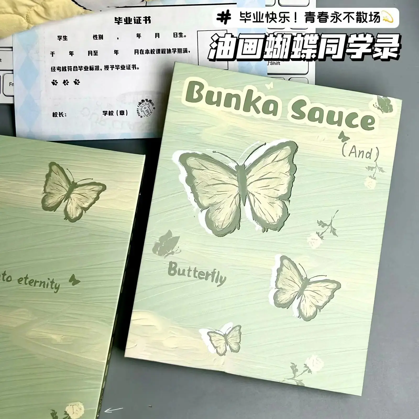 绿色油画蝴蝶初高中学生卡通高颜值毕业纪念册同学录胶套自定纸扣