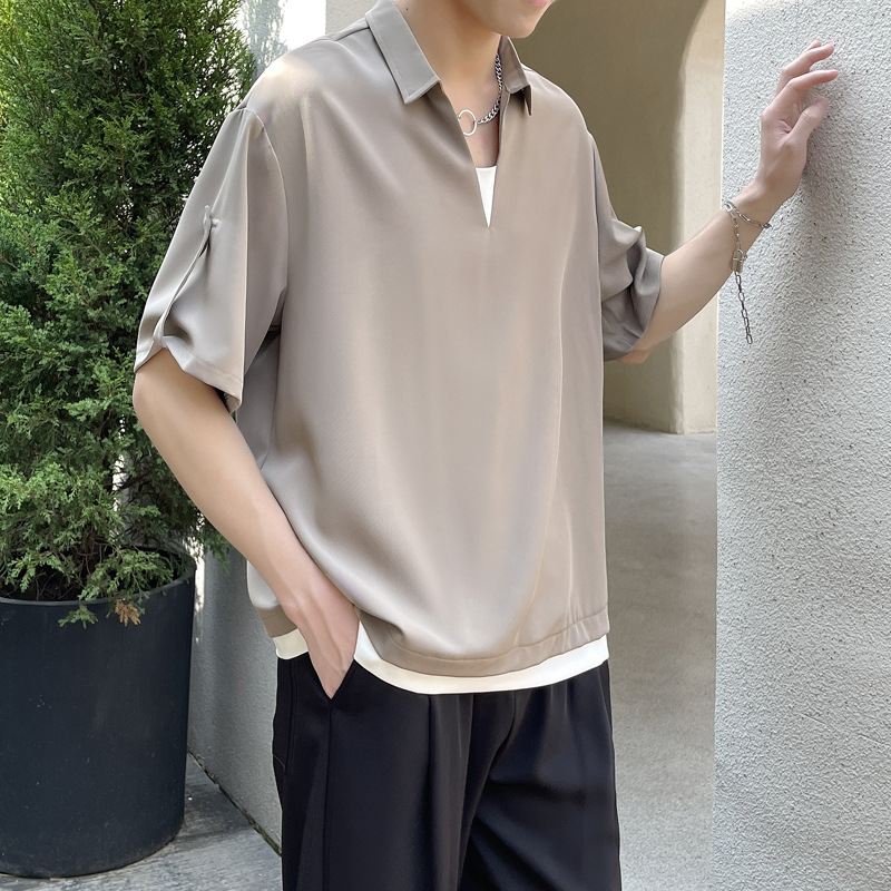 轻熟休闲垂感V领冰丝衬衫男短袖