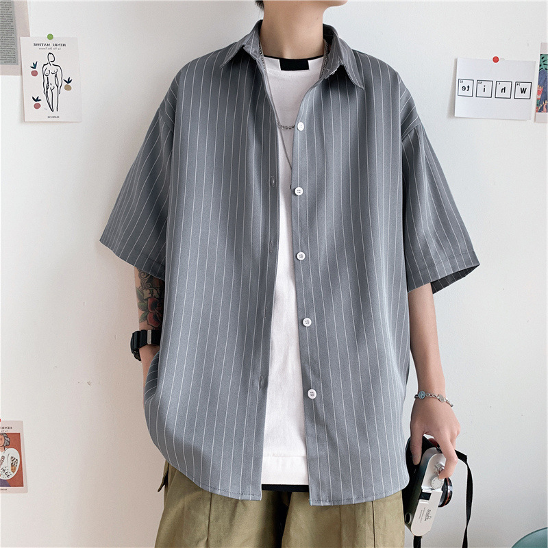 痞帅衬衫男夏季港风日系休闲宽松竖条纹衬衣短袖韩版潮流帅气外套